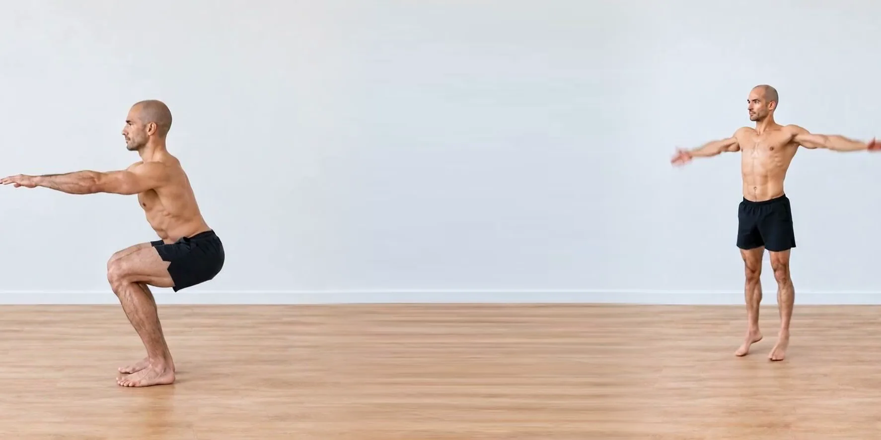 Hombre entrenando calistenia en casa, sin equipo, sobre piso de madera