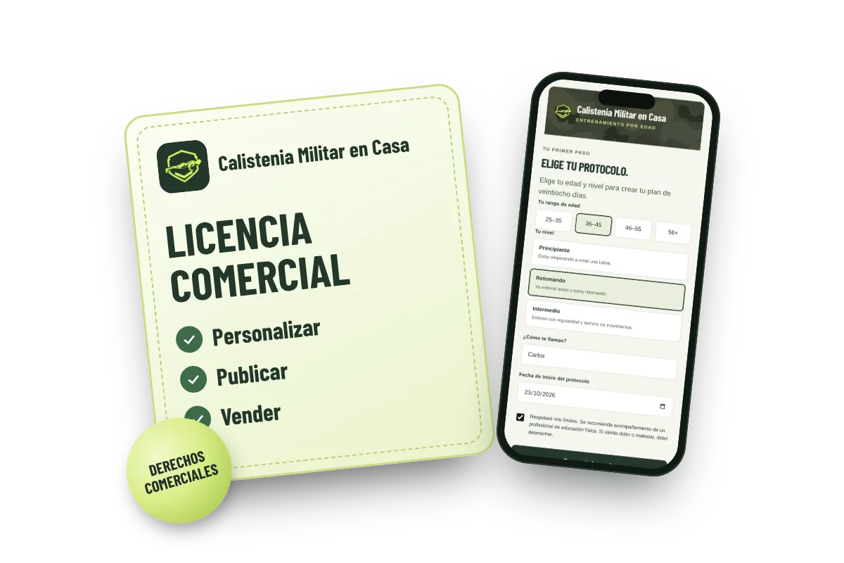 Certificado de licencia comercial de Calistenia Militar en Casa junto a la aplicación en el celular